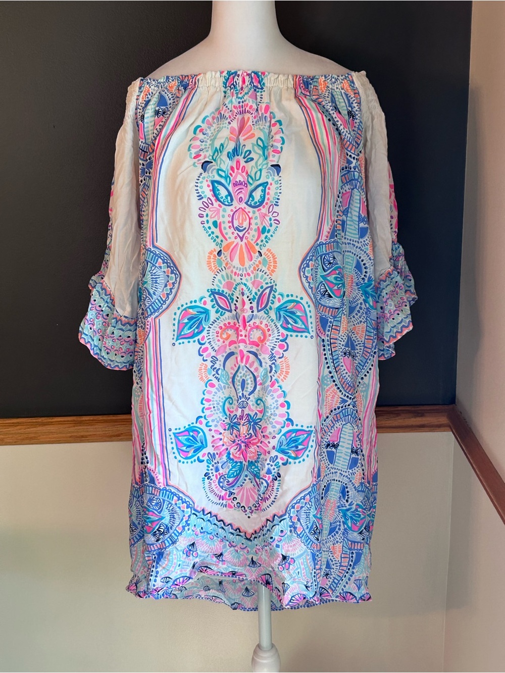 Lilly Pulitzer Fawna Off-The-Shoulder Dress White Pink Blue Chic Retreat Large - Picture 2 of 10